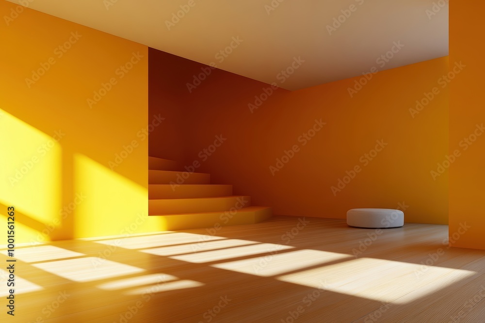 Warm sunlight casting shadows in minimalistic orange room Warm sunlight casting shadows in minimalistic orange room