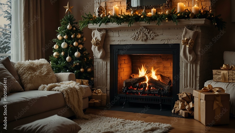 Cozy Christmas scene with a decorated fireplace. Cozy Christmas scene with a decorated fireplace.