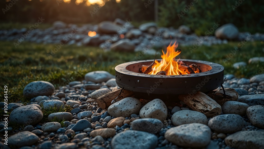 Cozy campfire surrounded by stones, ideal for outdoor relaxation. Cozy campfire surrounded by stones, ideal for outdoor relaxation.