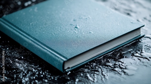 A teal hardcover book is delicately placed on a wet, dark surface with water droplets, creating a moody and reflective ambiance connecting nature and introspection. photo