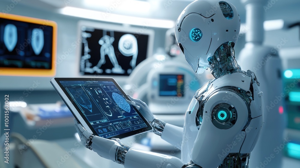 AI robot using a tablet to perform diagnostics, sleek medical lab with cutting-edge technology AI robot using a tablet to perform diagnostics, sleek medical lab with cutting-edge technology