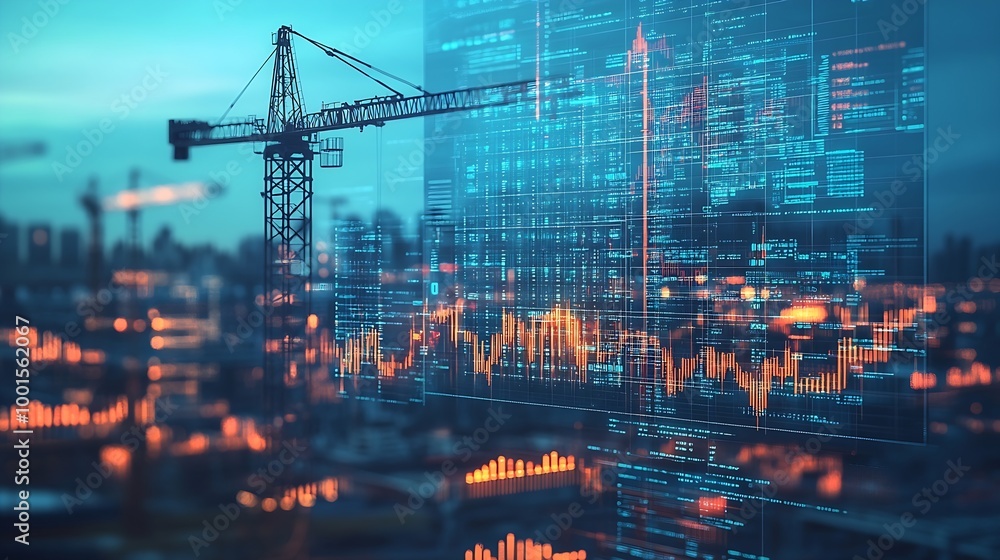 Fototapeta premium Image of financial data processing over crane and construction site global development business finance digital interface and data processing concept digitally generated image : Generative AI