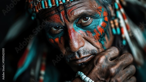 A striking close-up portrait of a man with vivid, colorful face paint and traditional headdress, highlighting deep intensity and cultural expression.