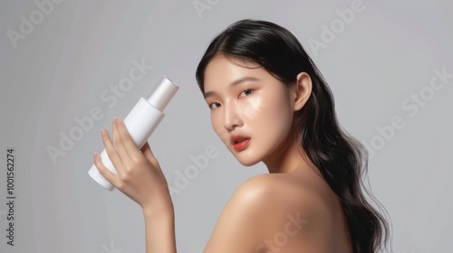 professional woman holding sleek cosmetic bottle mockup against clean studio backdrop