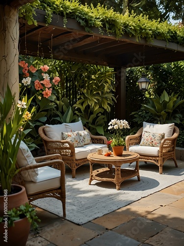 Cozy wicker patio furniture surrounded by blooming greenery.