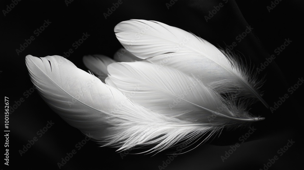 Fototapeta premium Artistic arrangement of white feathers on a smooth black surface, emphasizing their light and delicate form