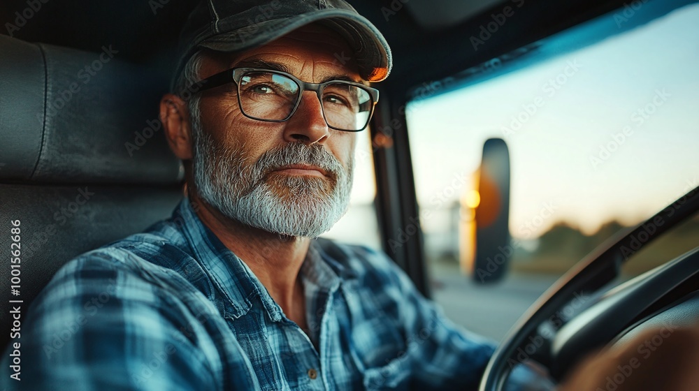 middle-aged professional truck driver in casual clothes driving a long-haul vehicle, focusing on the transportation route and the trucking industry’s essential role in logistics and delivery services middle-aged professional truck driver in casual clothes driving a long-haul vehicle, focusing on the transportation route and the trucking industry’s essential role in logistics and delivery services