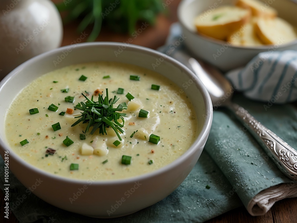 Creamy leek and potato soup with chives on top. Creamy leek and potato soup with chives on top.