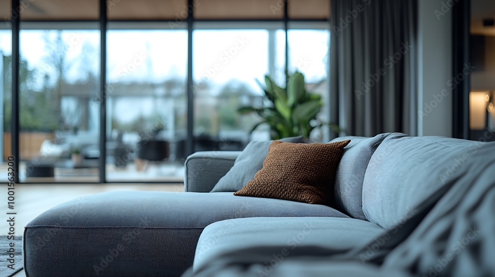 Interior of modern living room with cozy grey sofa near big window : Generative AI Interior of modern living room with cozy grey sofa near big window : Generative AI