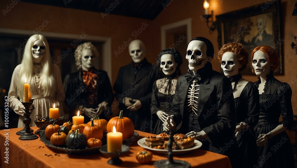 Creepy figures and music set the mood at a Halloween party. Creepy figures and music set the mood at a Halloween party.