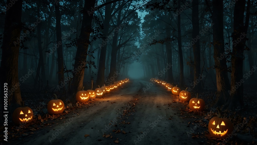 Creepy forest road with spooky pumpkins on Halloween night. Creepy forest road with spooky pumpkins on Halloween night.