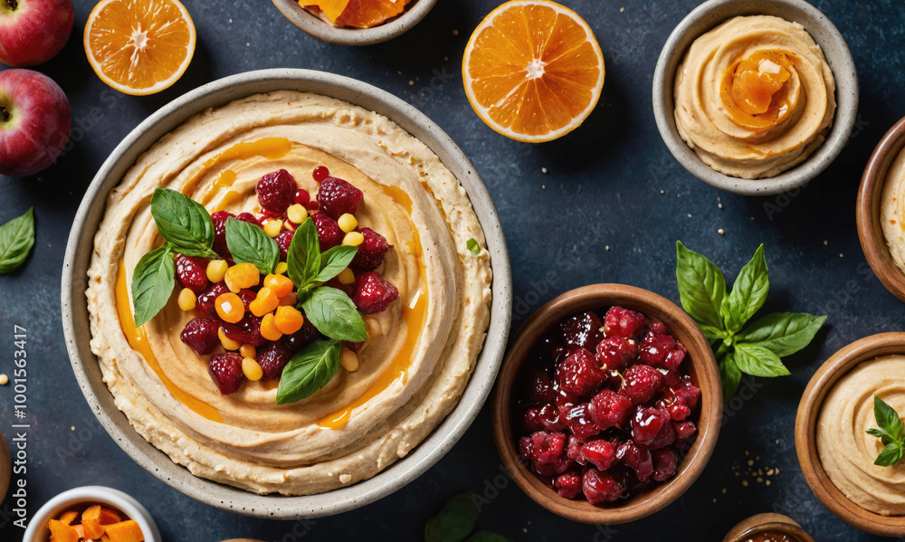 A bowl of hummus topped with raspberries, basil, and orange zest A bowl of hummus topped with raspberries, basil, and orange zest