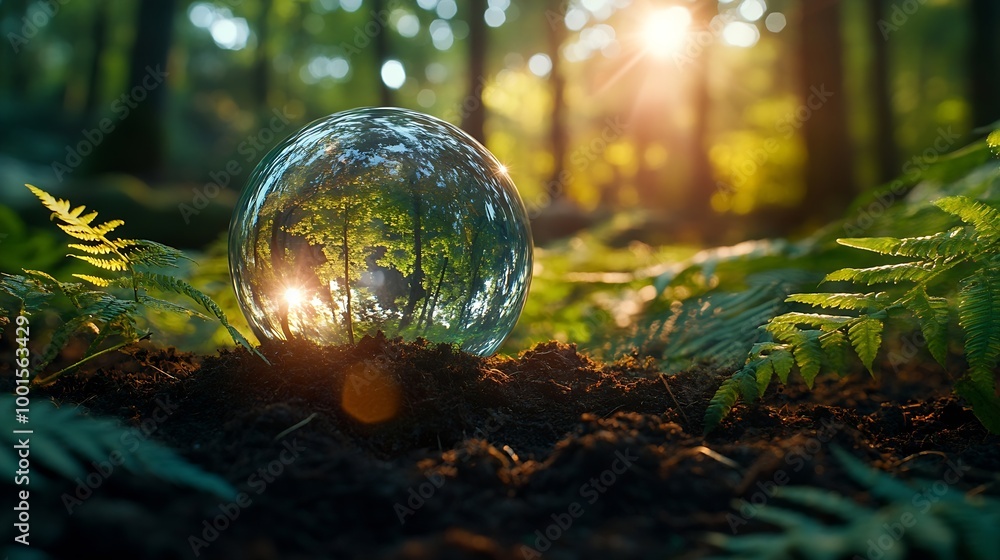 Crystal Earth On Soil In Forest With Ferns And Sunlight The Environment Earth Day Concept : Generative AI Crystal Earth On Soil In Forest With Ferns And Sunlight The Environment Earth Day Concept : Generative AI