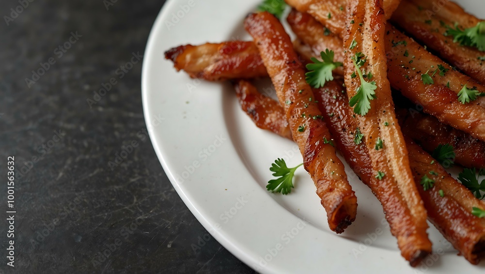 Crispy bacon strips with parsley on a white plate. Crispy bacon strips with parsley on a white plate.