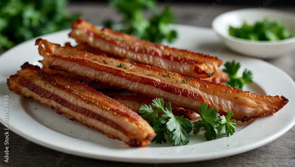Crispy bacon strips with parsley on a white plate. Crispy bacon strips with parsley on a white plate.