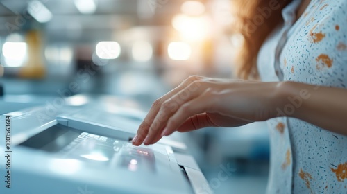 A person in a light-filled office uses a copier machine, pressing buttons with a sense of purpose and concentration on the task at hand.