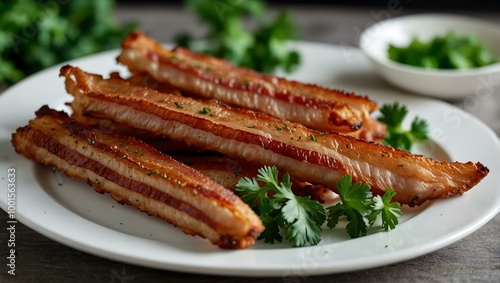 Crispy bacon strips with parsley on a white plate.