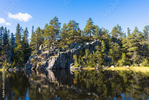 By the Veltfiskelausen Lake of the Totenåsen Hills in fall. photo