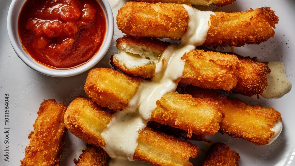 Crispy Air-Fried Mozzarella Sticks with Oozing Cheese and Marinara Dipping Sauce Crispy Air-Fried Mozzarella Sticks with Oozing Cheese and Marinara Dipping Sauce