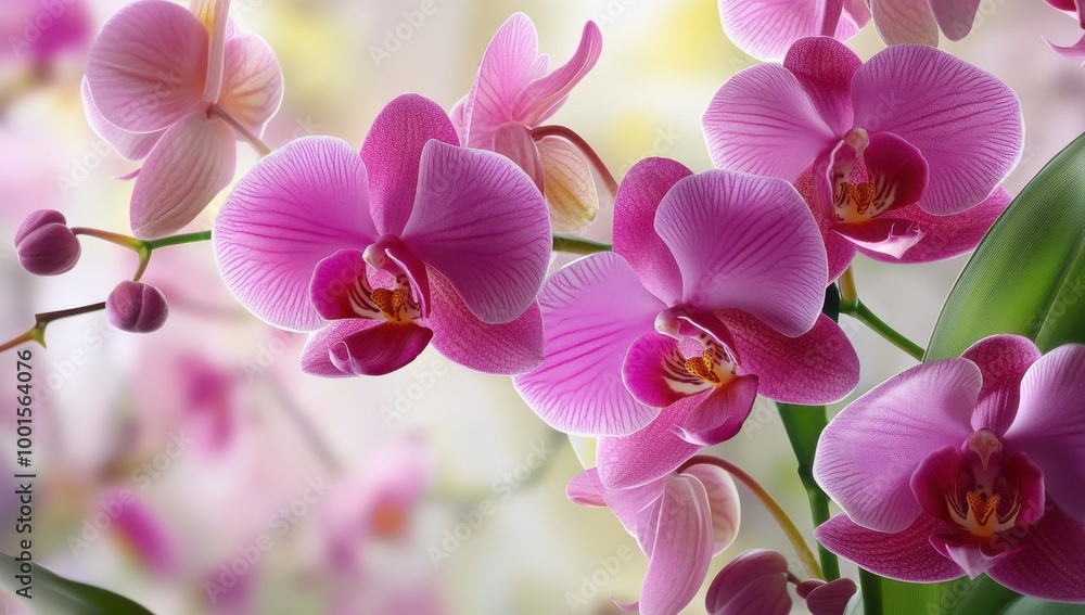Fototapeta premium Close-up of beautiful pink orchids on blurred background, high-resolution macro
