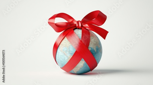 This illustration highlights a globe wrapped in a red ribbon, advocating awareness for HIV/AIDS