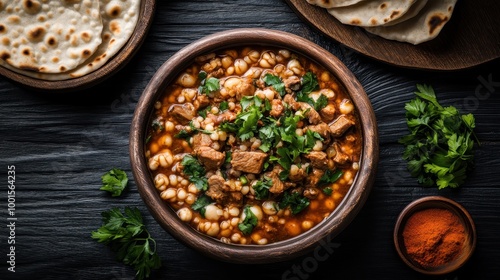 A spicy stew with succulent meat and pearl couscous adorned with fresh herbs, served in a rustic bowl accompanied by spices and flatbreads on the side. photo