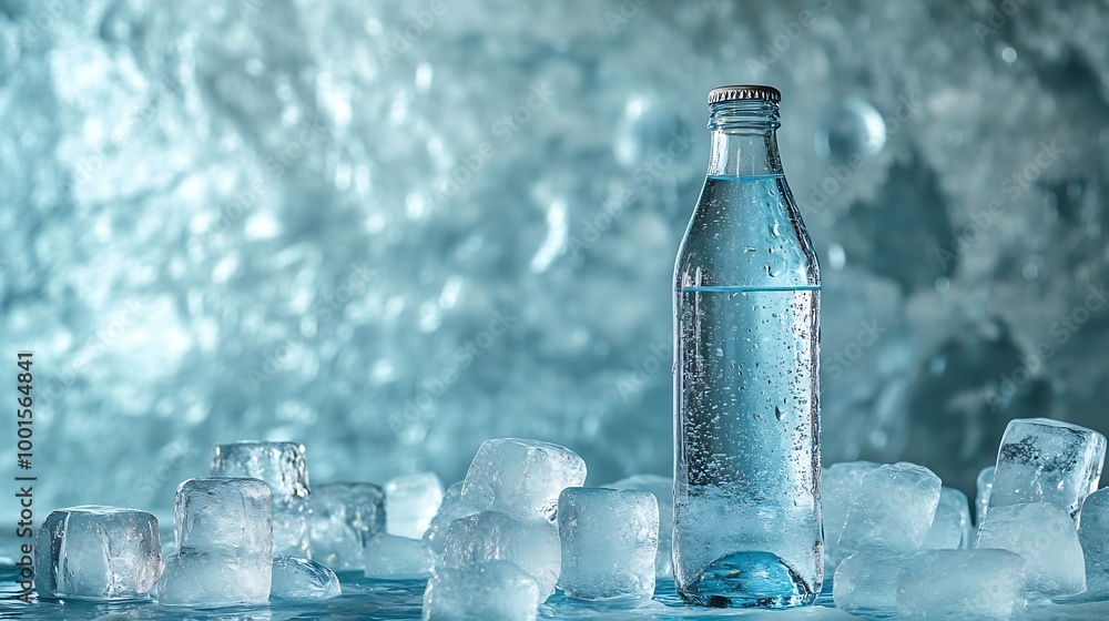 A glass bottle with cold natural drinking water stands on an ice podium against a background of transparent blocks of ice Advertising and branding of drinking fresh water : Generative AI A glass bottle with cold natural drinking water stands on an ice podium against a background of transparent blocks of ice Advertising and branding of drinking fresh water : Generative AI