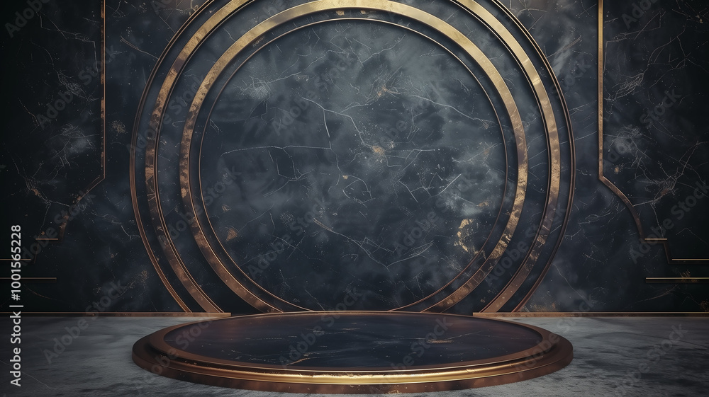Fototapeta premium Luxury product display podium on black background with golden circular lines