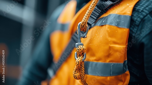 Close-up of a safety orange vest featuring reflective stripes and a braided rope, showcasing waterproof material and a focus on safety in challenging conditions. photo