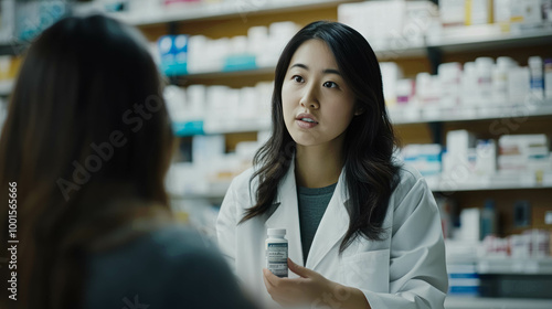 Asian Female Pharmacist Consulting a Customer in a Modern Pharmacy, Holding A Prescription Bottle, Pharmacist Woman