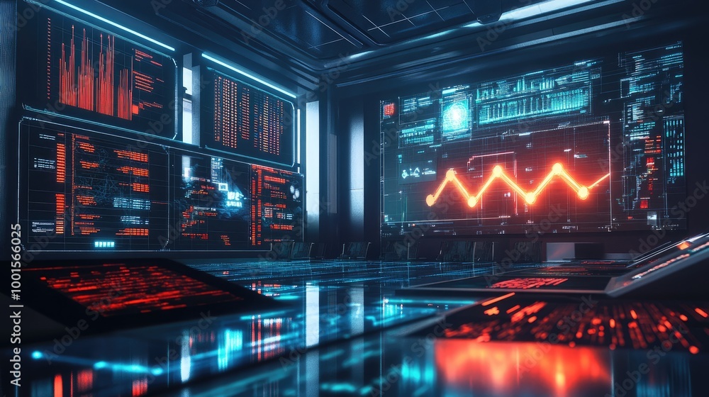 High-tech business environment with success charts and rising arrows displayed on a large screen High-tech business environment with success charts and rising arrows displayed on a large screen