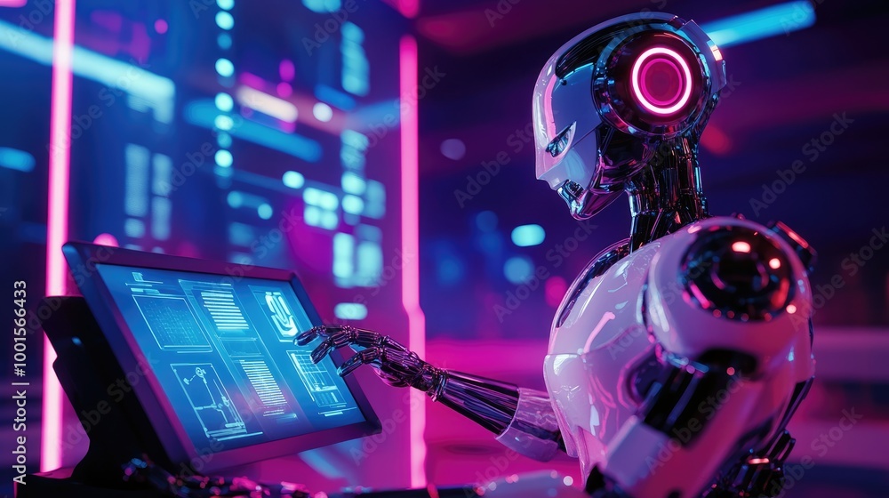 Humanoid robot interacting with an interactive tablet interface, futuristic tech lab with neon lights Humanoid robot interacting with an interactive tablet interface, futuristic tech lab with neon lights