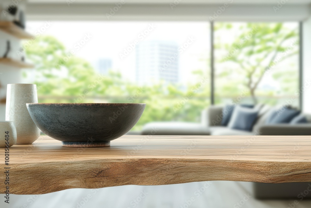 Wooden table in focus with blurred living room background for mockup Wooden table in focus with blurred living room background for mockup