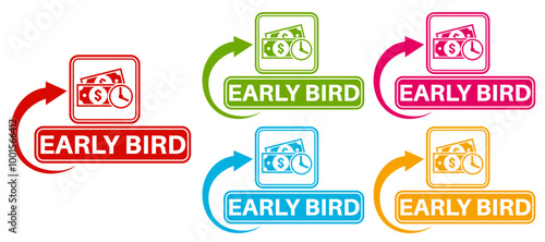 set banner early bird icon sign. early bird ticket symbol labels discount design vector illustration