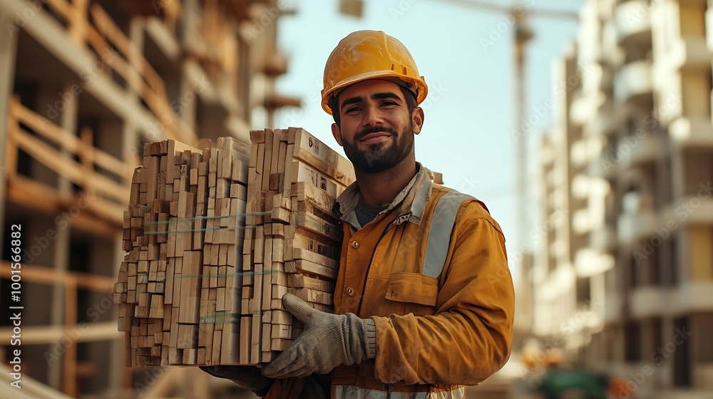 Skilled construction worker is transporting building materials on development site : Generative AI Skilled construction worker is transporting building materials on development site : Generative AI