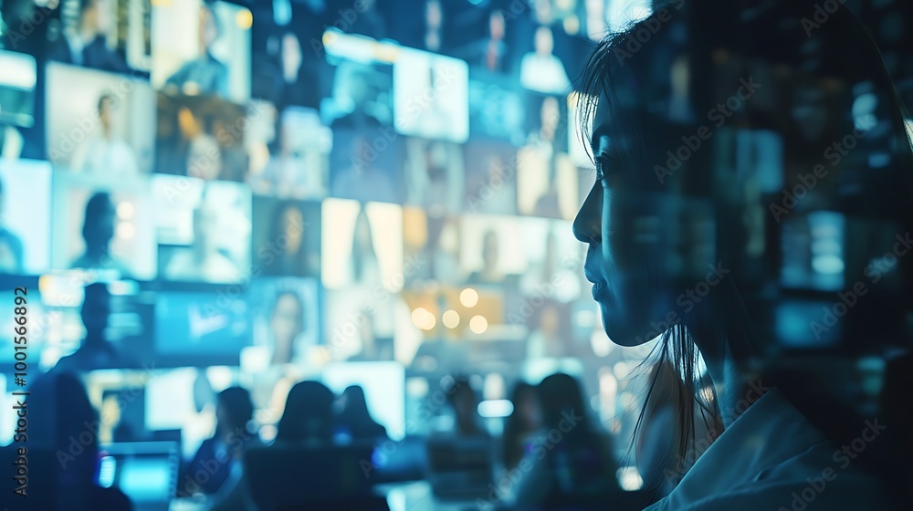 A contemplative figure is silhouetted against a vibrant display of numerous digital screens, suggesting themes of media, technology, and introspection. A contemplative figure is silhouetted against a vibrant display of numerous digital screens, suggesting themes of media, technology, and introspection.