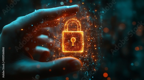 Cyber security Hand hold digital padlock Login verified identity credentials on network of data protection technologyOnline internet authorized access against cyber attack and business : Generative AI photo