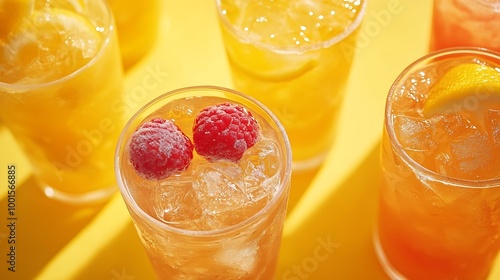 Takeaway glasses of summer drinks with ice top view Lemonades and coctails on yellow background : Generative AI photo