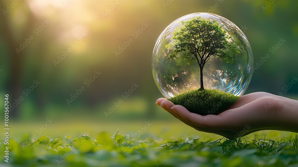 hand holding glass globe ball with tree growing and green nature blur background eco concept : Generative AI hand holding glass globe ball with tree growing and green nature blur background eco concept : Generative AI