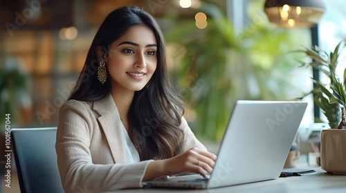 Happy young indian business woman entrepreneur using computer looking at screen working in internet sit at office desk smiling hindu female professional employee typing email on laptop : Generative AI