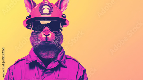 A rabbit wearing a helmet and sunglasses, looking serious.