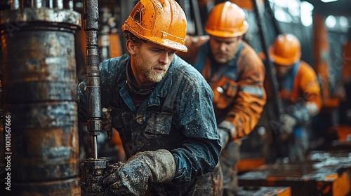 heavy machinery operated by a skilled drilling team at a construction and energy site, with crew members operating drills and ensuring project success through engineering expertise and site safety