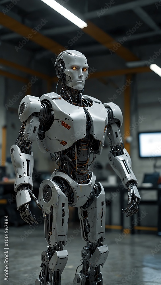 Cybernetic robot at work in an advanced facility. Cybernetic robot at work in an advanced facility.