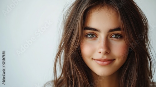 Portrait of beautiful naturally brunette woman smiling and looking confident in camera Closeup portrait of cute female girl isolated on white background : Generative AI