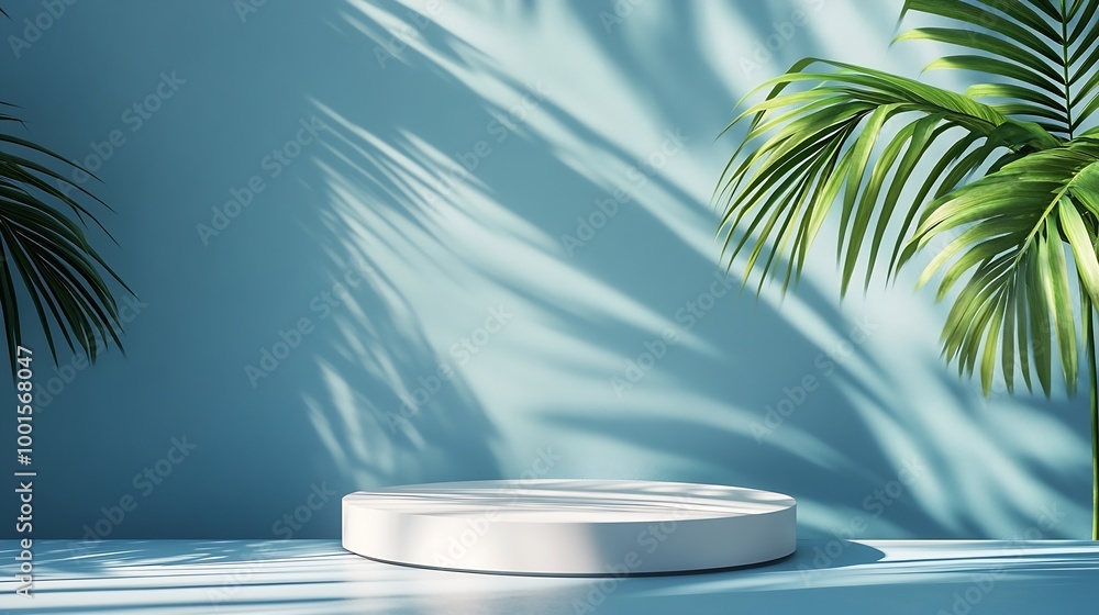 Minimal abstract bluewhite background for the presentation of a cosmetic product Premium podium with a shadow of tropical palm leaves on a blue wall and white table Showcase display ca : Generative AI Minimal abstract bluewhite background for the presentation of a cosmetic product Premium podium with a shadow of tropical palm leaves on a blue wall and white table Showcase display ca : Generative AI