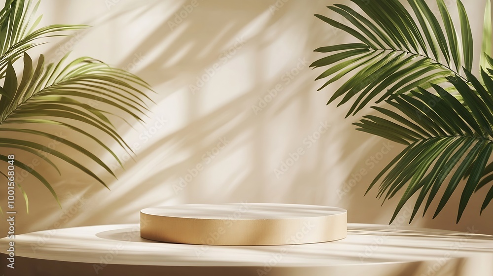 Beige background  for product presentation with shadow of tropical palm leaves and light Podium stage pedestal  platform for cosmetic product Empty round podium Mockup : Generative AI