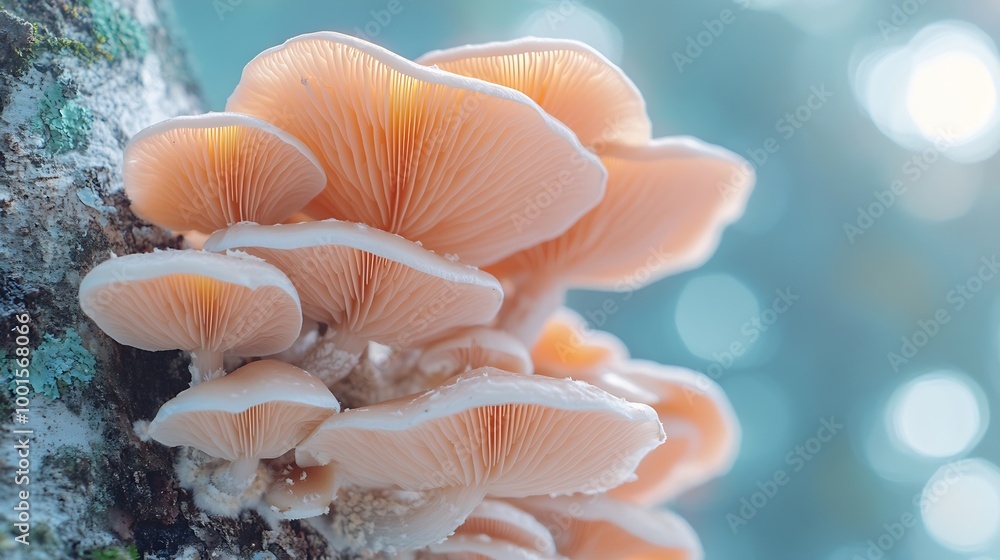 Close up beautiful bunch mushrooms color light in the tree background texture Macro Photography View : Generative AI Close up beautiful bunch mushrooms color light in the tree background texture Macro Photography View : Generative AI