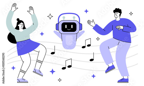 Cute robot character create music. People dancing flat vector illustration. Virtual composer assistant. Artificial intelligence concept