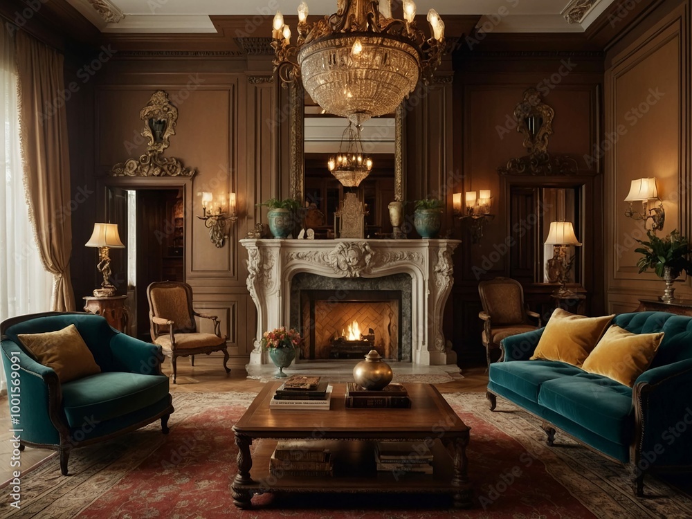 a photorealistic image of an antique-style living room with a warm color palette, showcasing a large wooden coffee table, a grand fireplace adorned with ornate mantelpieces, and soft lighting a photorealistic image of an antique-style living room with a warm color palette, showcasing a large wooden coffee table, a grand fireplace adorned with ornate mantelpieces, and soft lighting
