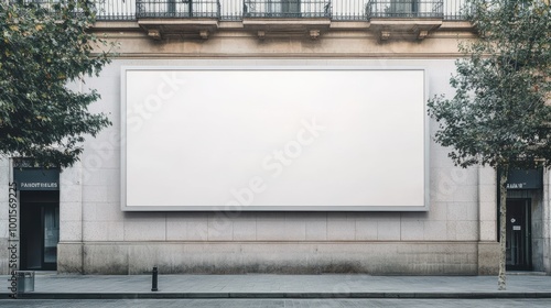 A large blank billboard hangs on the exterior wall of a building in madrid,perfect for advertising mockups.